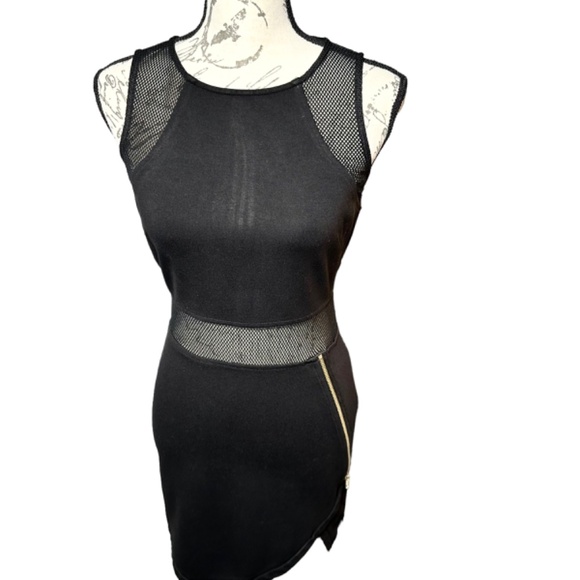 Women's | Gianni Bini | Vintage Black Asymmetric Zip Netted Bodycon Dress - S - Picture 2 of 8